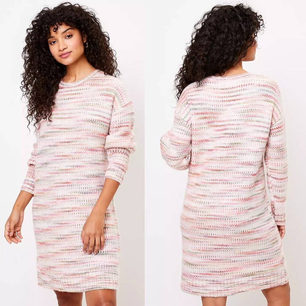 Loft Spacedye Pink Green Marled Knit Long Sleeve Sweater Dress - 35646